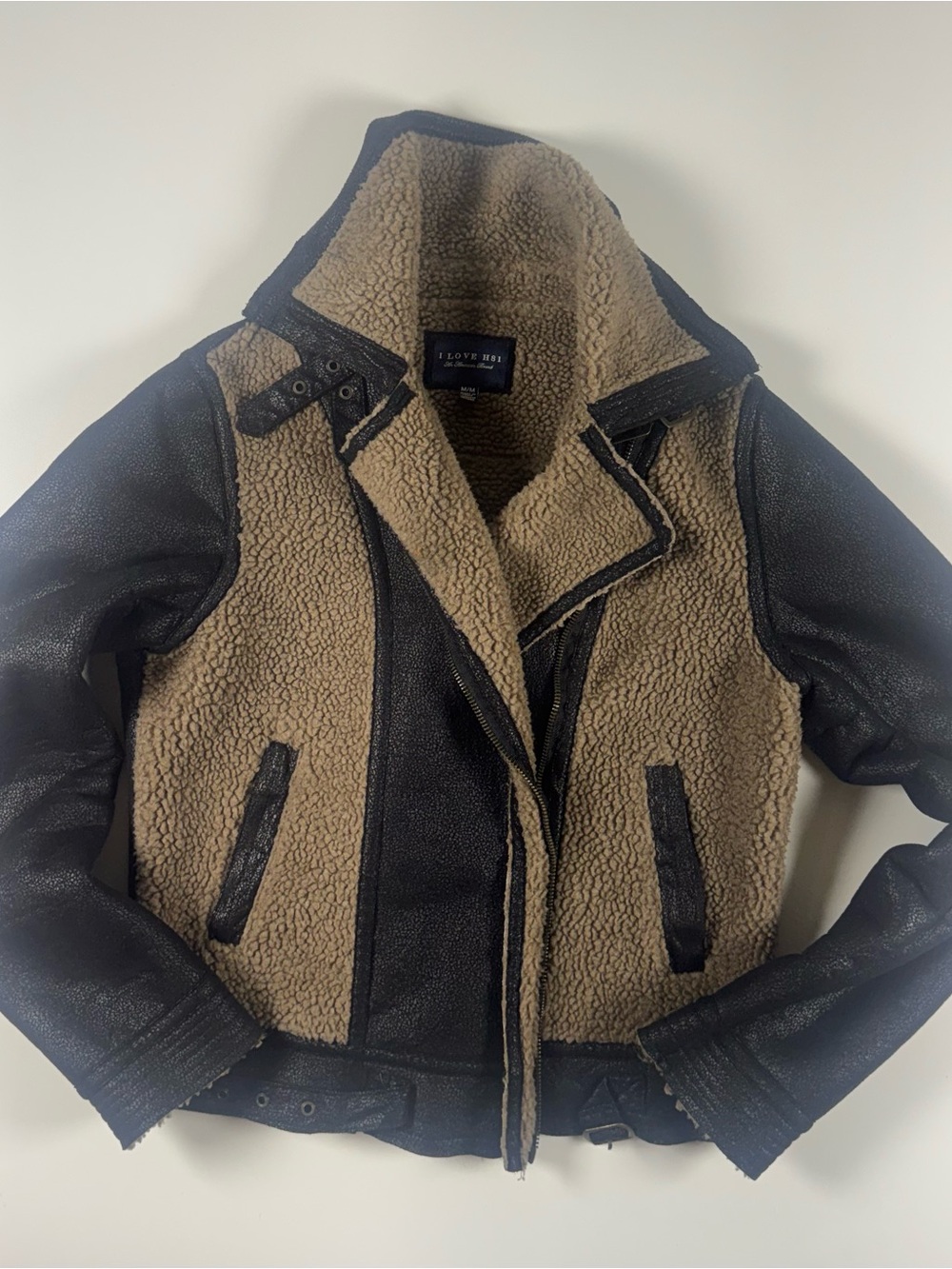 Faux Shearling Moto Jacket in Tan & Black